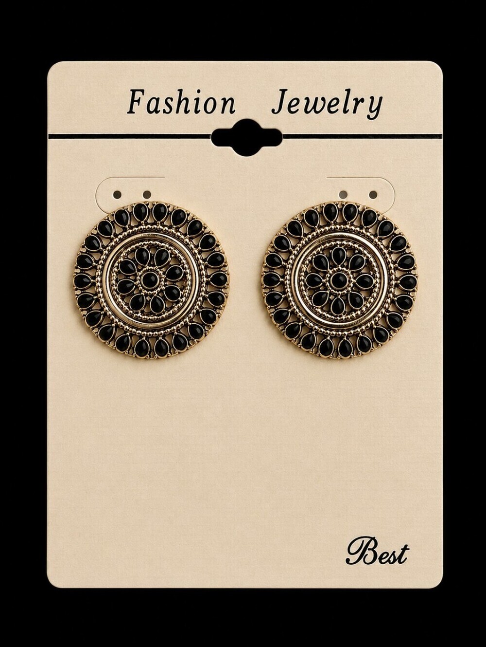 Vtg BEST Ethnic Black and Silvertone Round Mandala Earrings